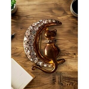 Cat On The Moon Rhinestone Brooch Pin Whimsical Celestial Jewelry